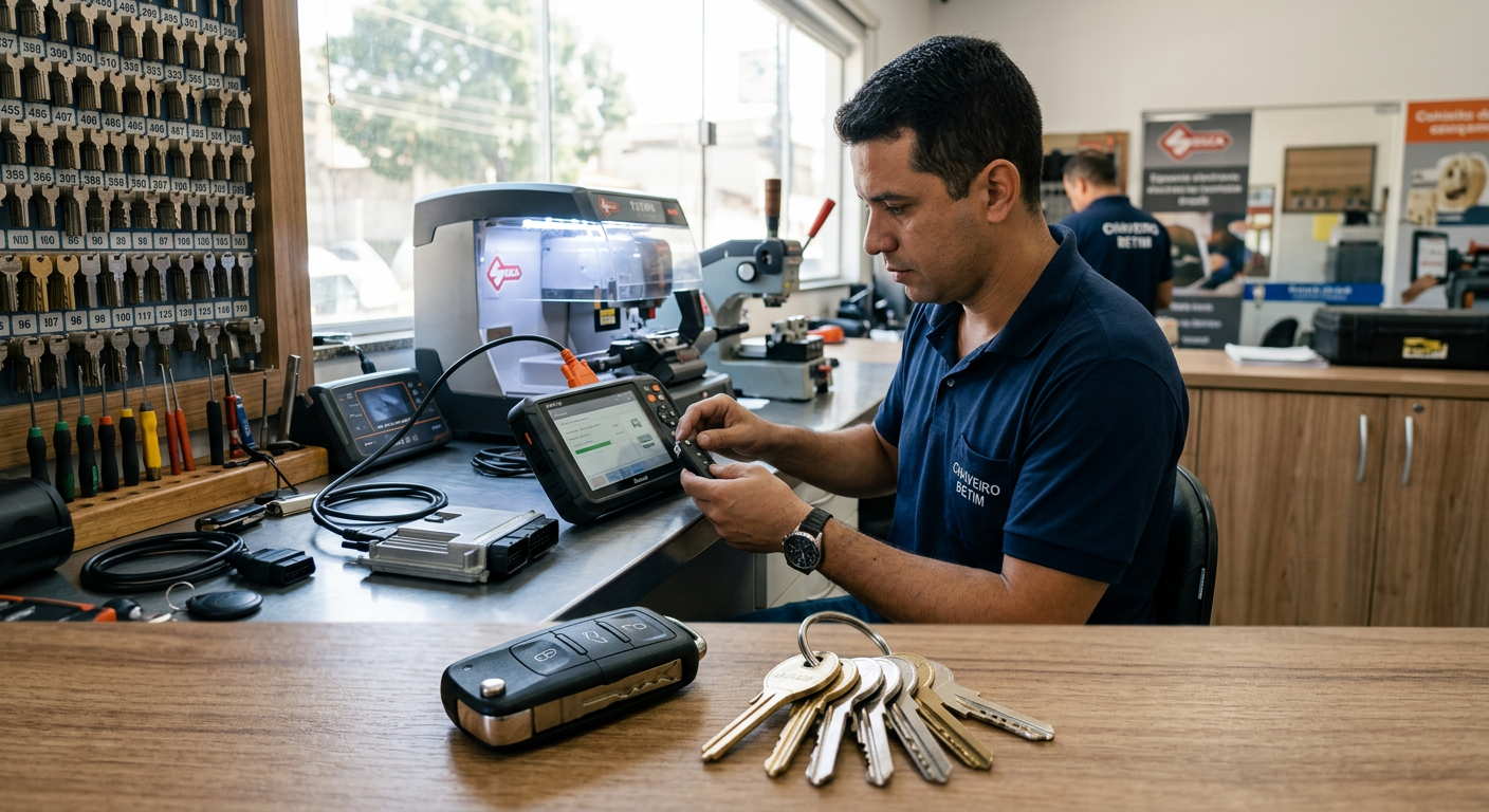 Técnico programando chave codificada automotiva para veículos no bairro Alterosa em Betim