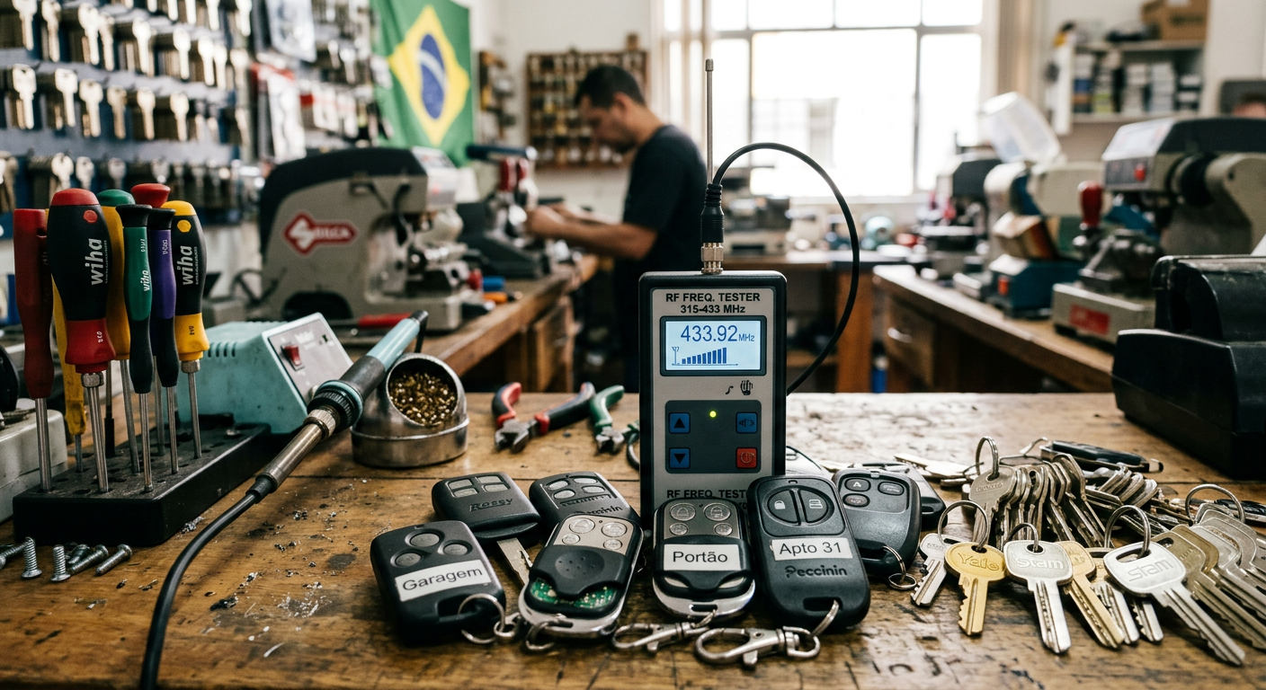 Cópia e configuração de controle de portão em Betim na bancada da Chavel Chaveiro