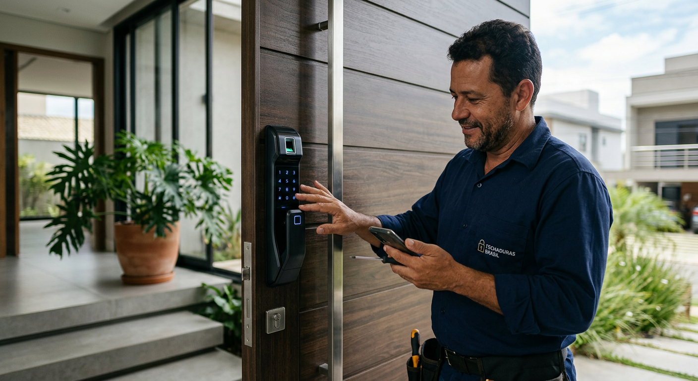 Instalação de fechadura digital biométrica em porta de madeira no bairro Angola em Betim